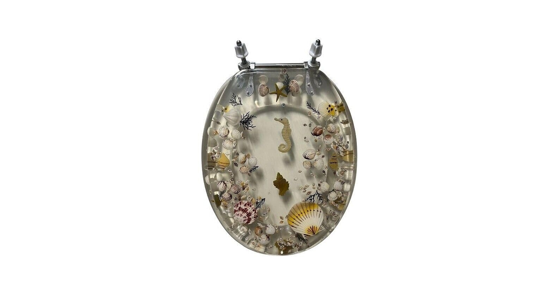 ELONGATED CLEAR JEWEL SHELL SEASHELL & SEAHORSE RESIN TOILET